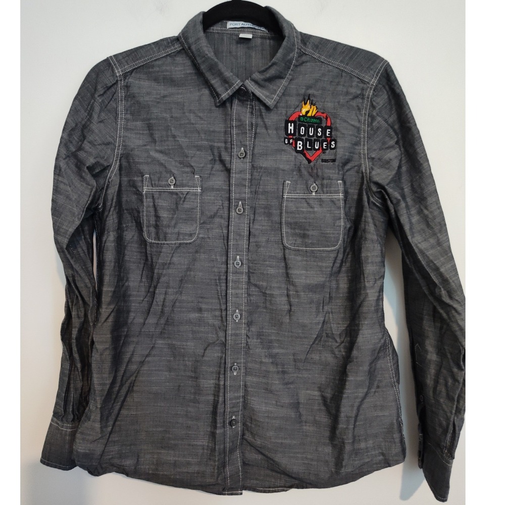 Port Authority House of Blues Boston Embroidered Button Down Shirt Gray Womens M